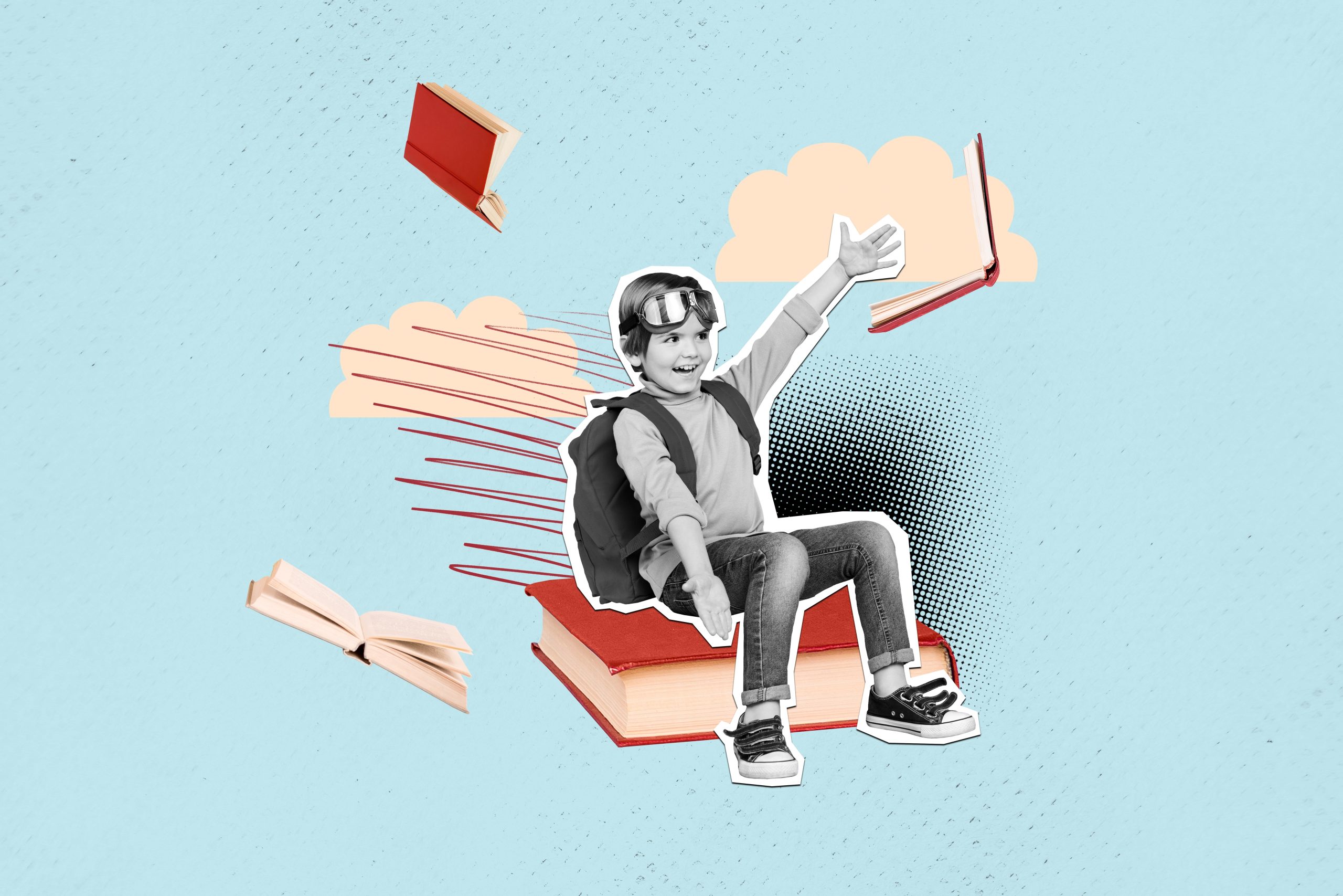 A black-and-white cutout of a smiling child wearing aviator goggles and a backpack, sitting on a stack of red books with one arm raised. Flying books, illustrated clouds, and playful graphics surround the child against a light blue background.